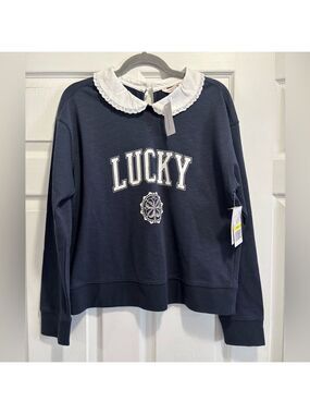 NWT Lucky Brand Peter Pan Collared Sweatshirt Navy Blue Women's Small Brand New